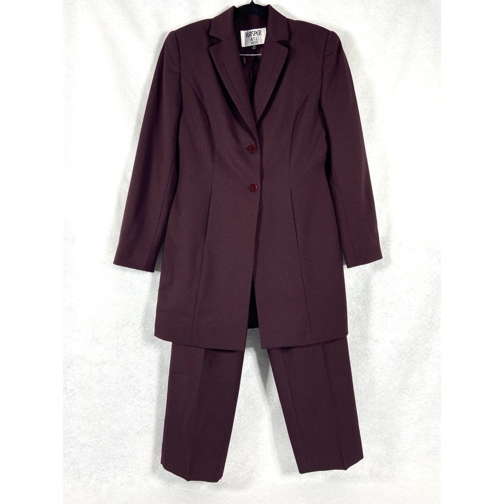 Kasper 2PC Pants Suit Women's Petite 4P Burgundy Blazer Button Long Sleeves